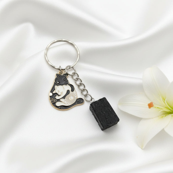 Porte-clés de protection chat et tourmaline noire