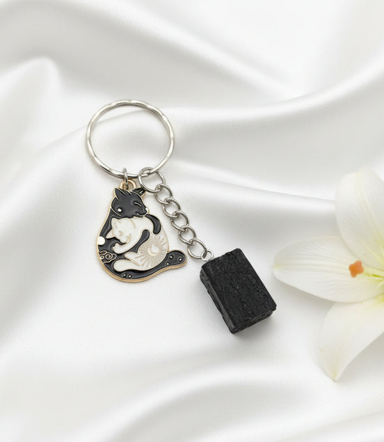 Porte-clés de protection chat et tourmaline noire