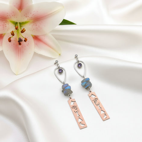 Boucles d’Oreilles Labradorite & Hiéroglyphes Bijou Symbolique Égypte Antique