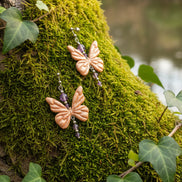 Boucles d'oreilles argentées papillon, Améthyste et polymère