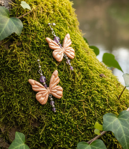 Boucles d'oreilles argentées papillon, Améthyste et polymère