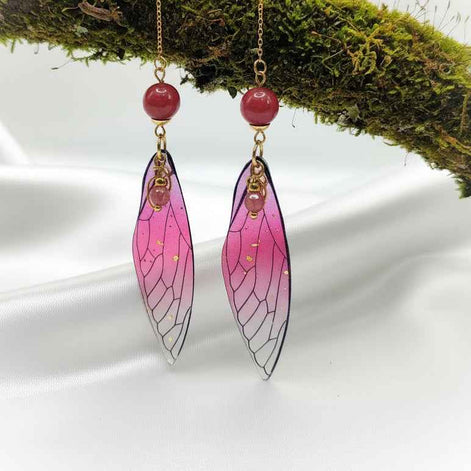 Boucles d'oreilles Ailes de fée en Rhodonite, dorée