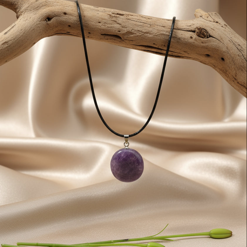 collier noir  pierre lépidolite