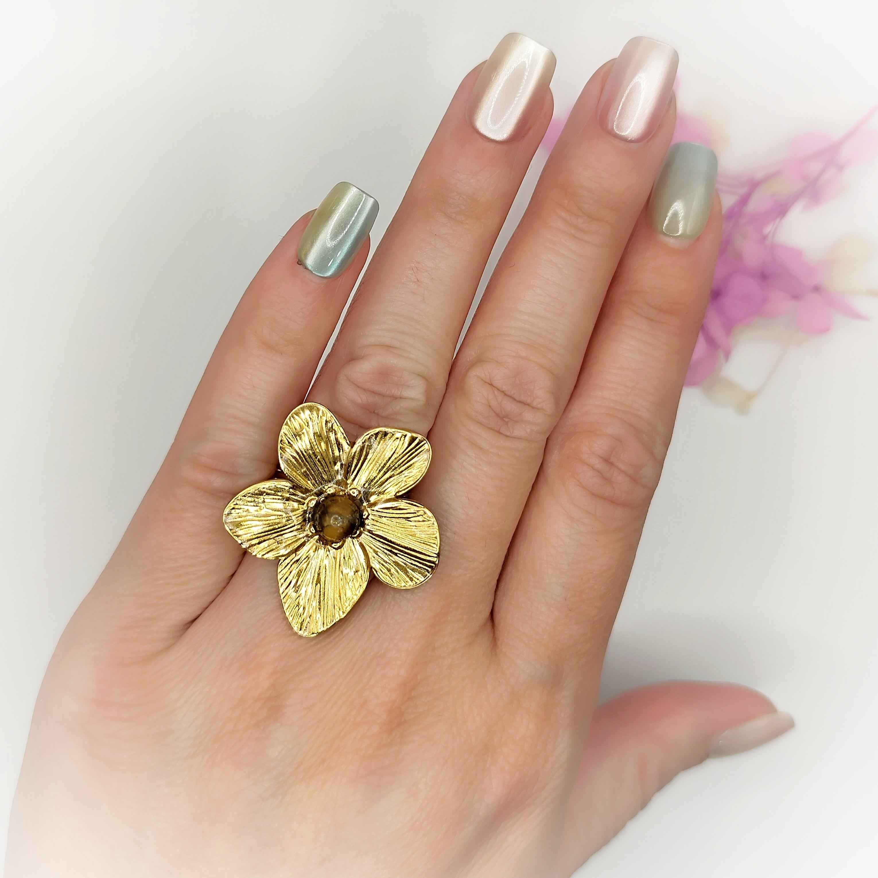 Bague ajustable en oeil de tigre et acier inoxydable