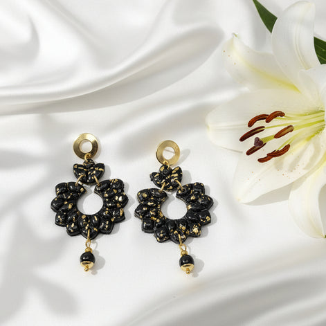 Boucles d'oreilles noire et or et tourmaline noire