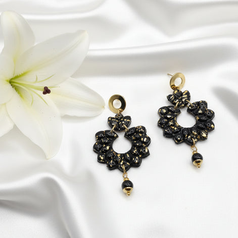 Boucles d'oreilles noire et or et tourmaline noire
