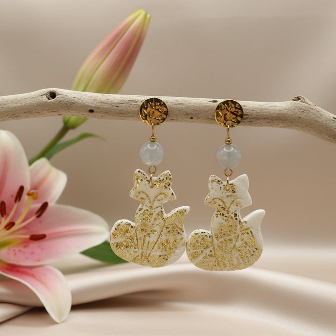 Boucles d'oreilles dorées labradorite et empreinte renard
