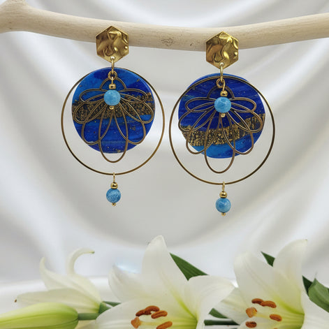 Boucles d’Oreilles Bleu et or en Apatite,