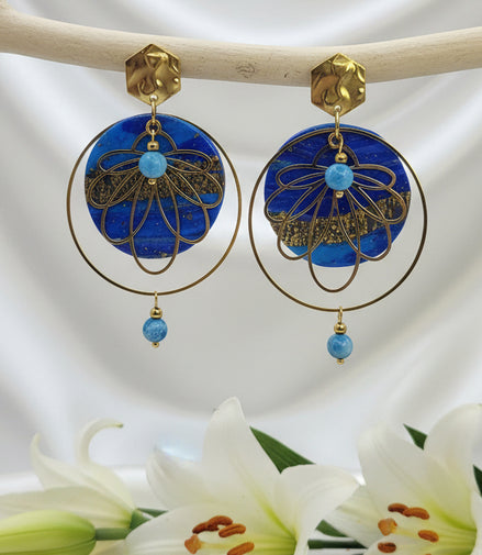 Boucles d’Oreilles Bleu et or en Apatite,