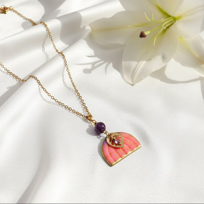 Collier doré, améthyste & arc en ciel polymère