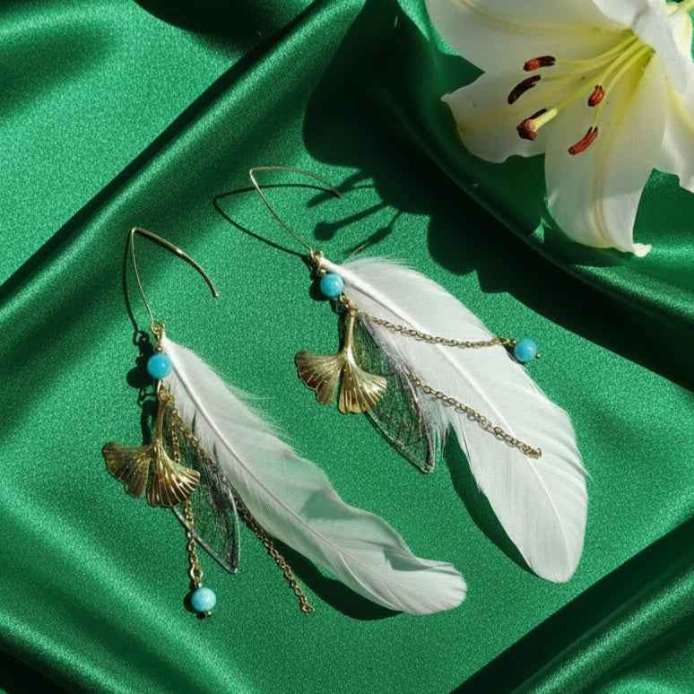 Boucles d'oreilles forêt enchantée, amazonite, plume blanche
