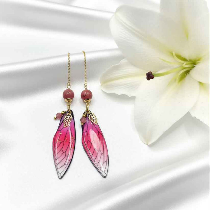 Boucles d'oreilles Ailes de fée en Rhodonite, dorée