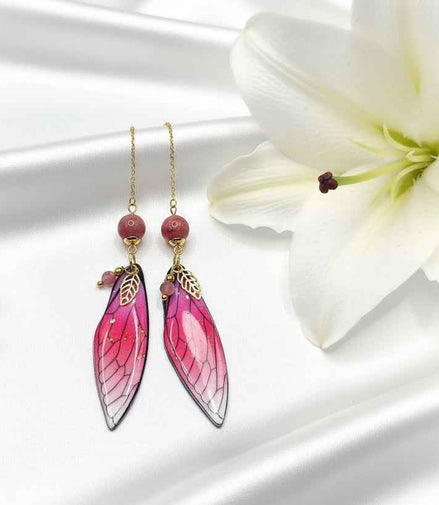Boucles d'oreilles Ailes de fée en Rhodonite, dorée