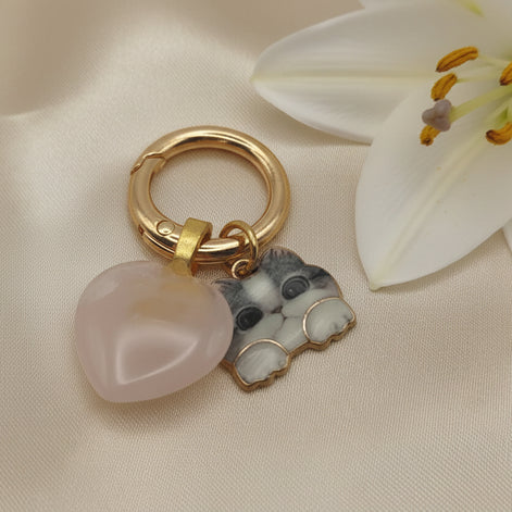 collier chat médaillon pierre quartz rose