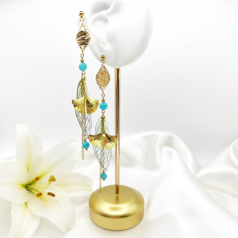 Boucles d’oreilles "alchimie" doré, amazonite, unalome et polymère