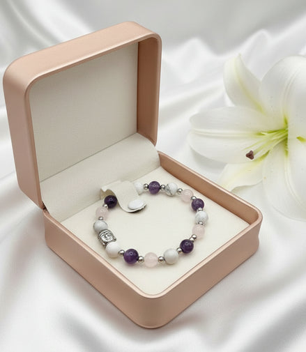 Bracelet bouddha paix intérieure améthyste howlite quartz rose