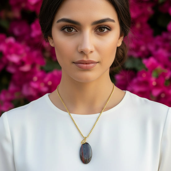 Collier long doré en Œil de Fer  Pierre naturelle ancrage & protection
