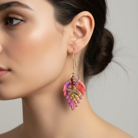 Boucles d’oreilles dorées Tourmaline rose et Libellule
