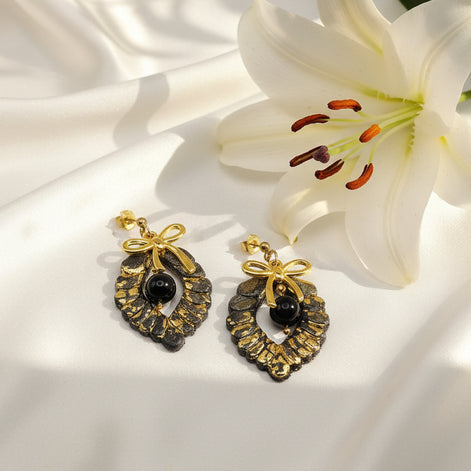 Boucles d'oreilles noire et or et tourmaline noire