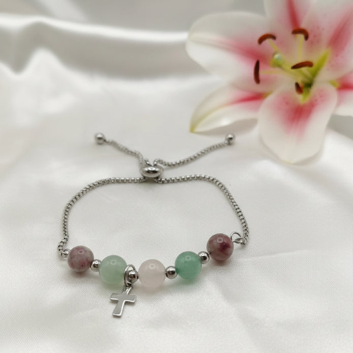 Chapelet sacré Amour de Marie en pierres de quartz rose, aventurine verte et tourmaline rose + soin rayon sacré rose de l'amour
