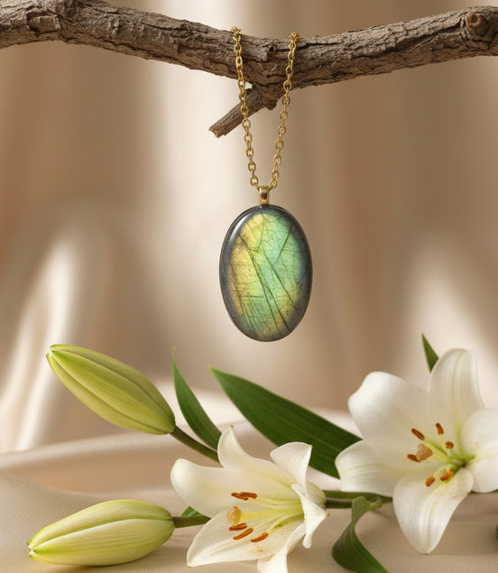 Collier doré et pierre de labradorite extra