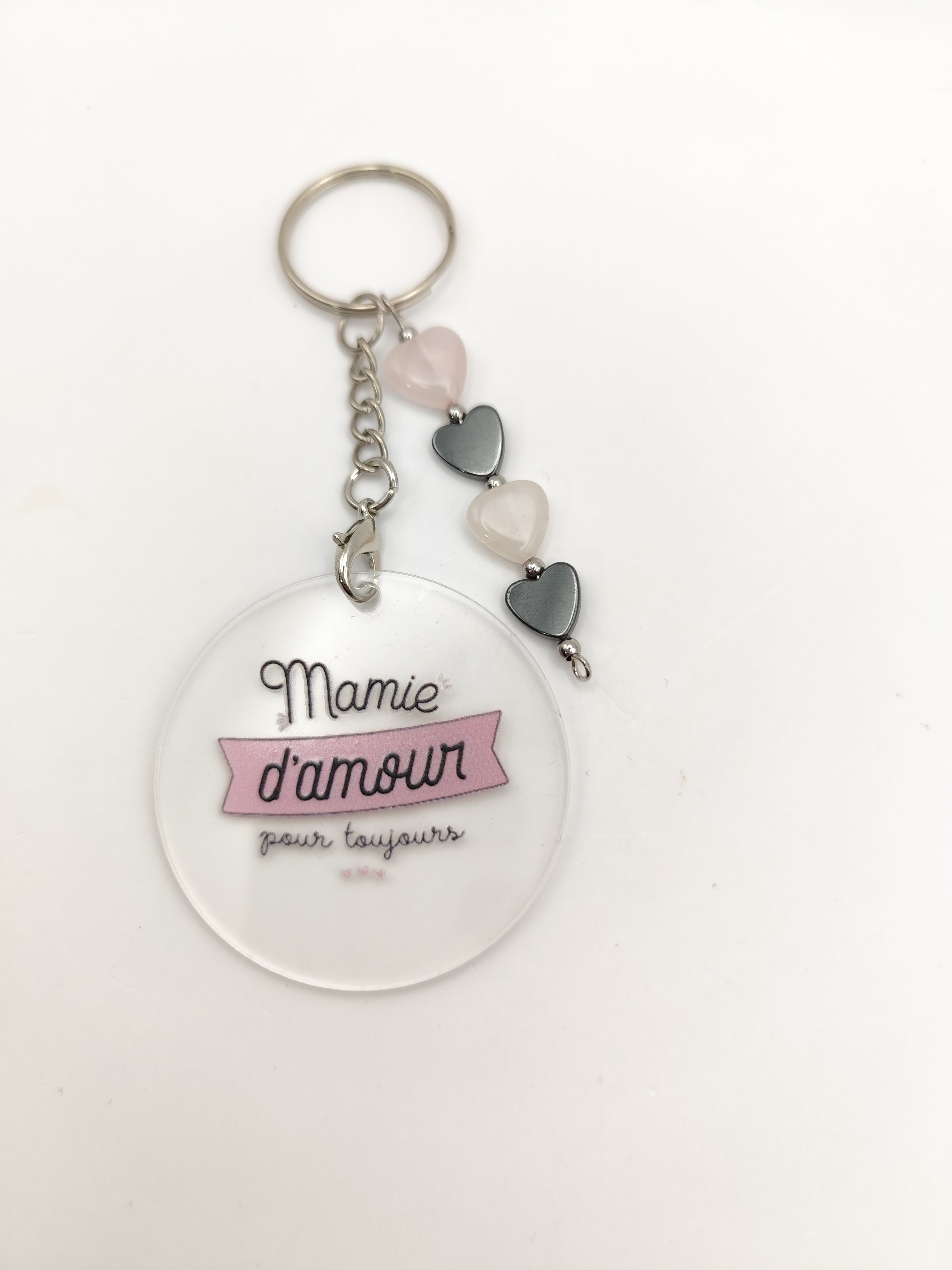 Porte-clés “Mamie d amour” coeur de Quartz Rose hématite