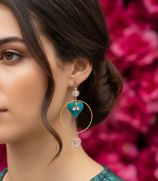 Boucles d'oreilles dorées coeur, quartz rose
