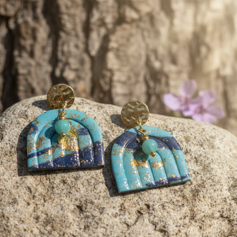 Boucles d’oreilles bleu et or, amazonite et polymère