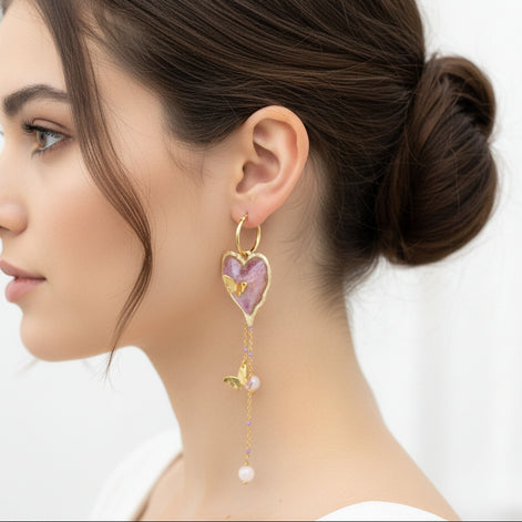 boucles d oreilles coeur quartz rose