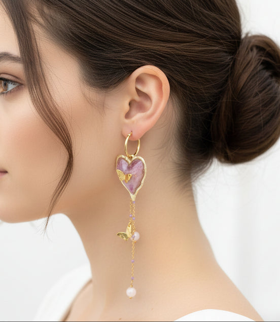 boucles d oreilles coeur quartz rose