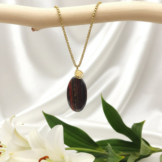 Collier long doré en Œil de Fer  Pierre naturelle ancrage & protection