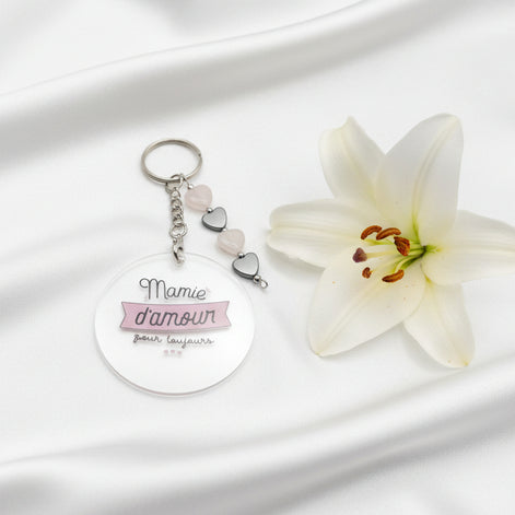 Porte-clés “Mamie d amour” coeur de Quartz Rose hématite