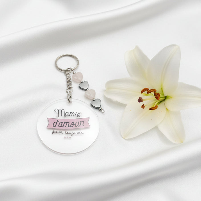 Porte-clés “Mamie d amour” coeur de Quartz Rose hématite