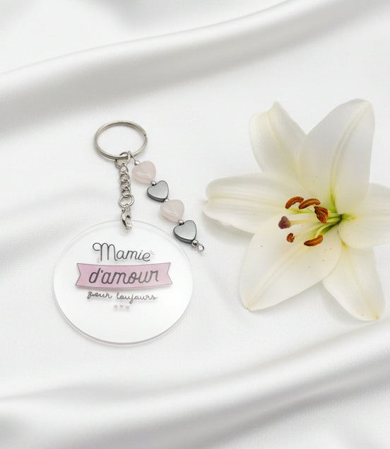 Porte-clés “Mamie d amour” coeur de Quartz Rose hématite