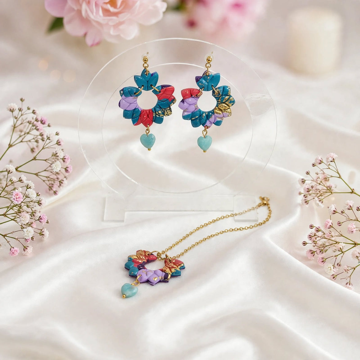 Boucles d'oreilles, Collier doré en Amazonite, argile polymère