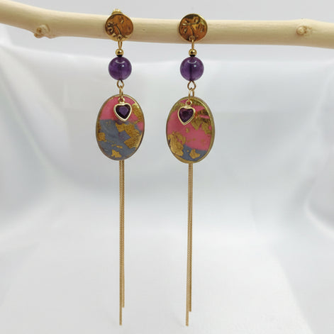 Boucles d'oreilles dorées, améthyste & polymère