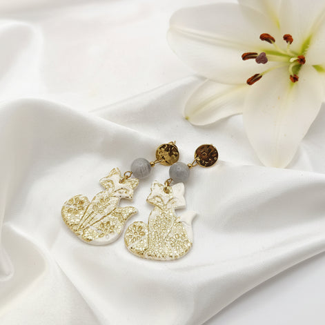 Boucles d'oreilles dorées labradorite et empreinte renard