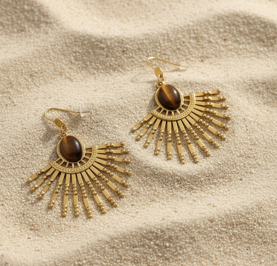 boucles d oreilles dorée oeil de tigre