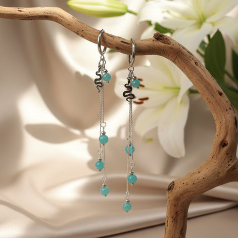 Boucles d'oreilles argentées en amazonite et serpent