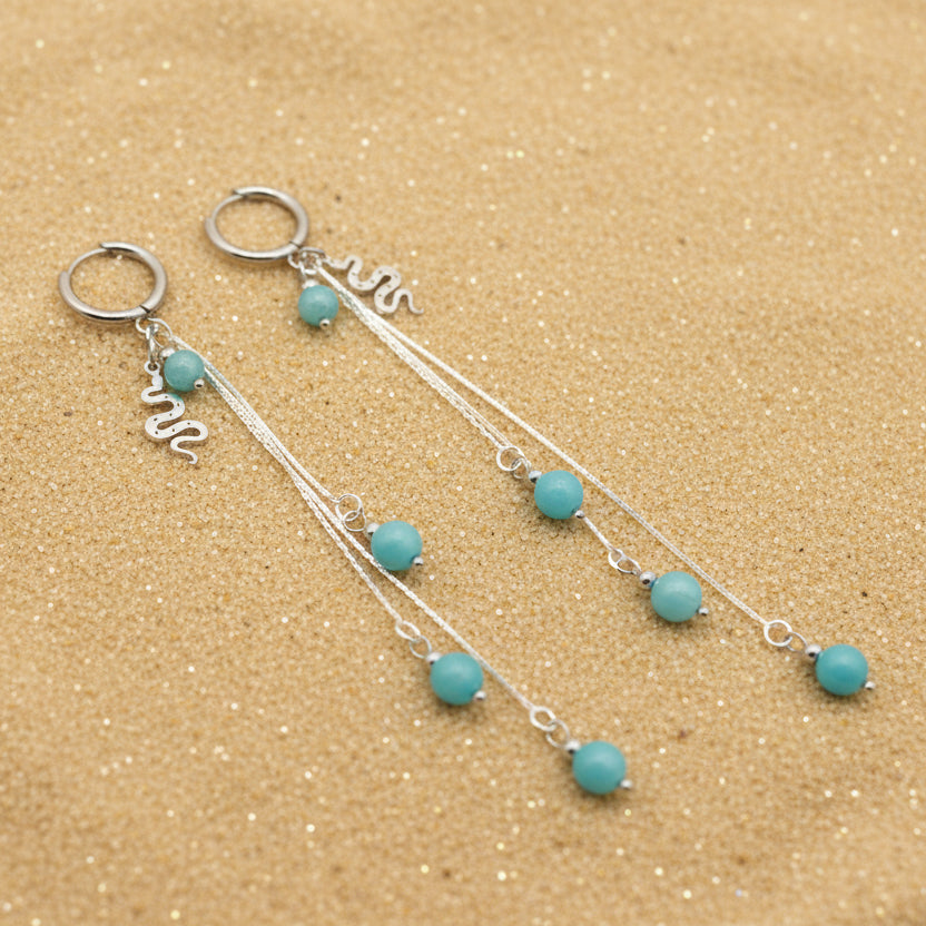 Boucles d'oreilles argentées en amazonite et serpent