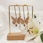 Boucles d'oreilles papillon rose dorées, améthyste & polymère