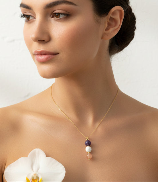 Collier Renaissance Intérieure, Howlite, Pierre de Lune & Lépidolite