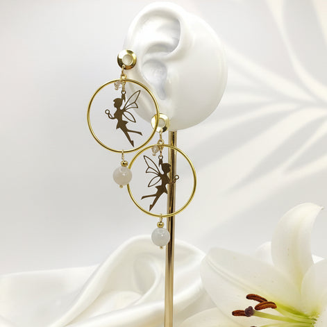 Boucles d'oreilles dorées, fée, pierre de lune
