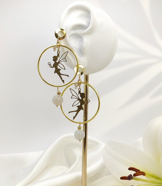 Boucles d'oreilles dorées, fée, pierre de lune