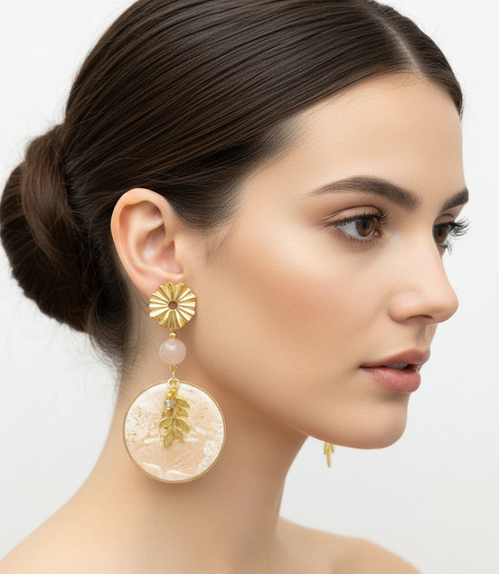 Boucles d'oreilles dorées, pierre de lune, acier inoxydable