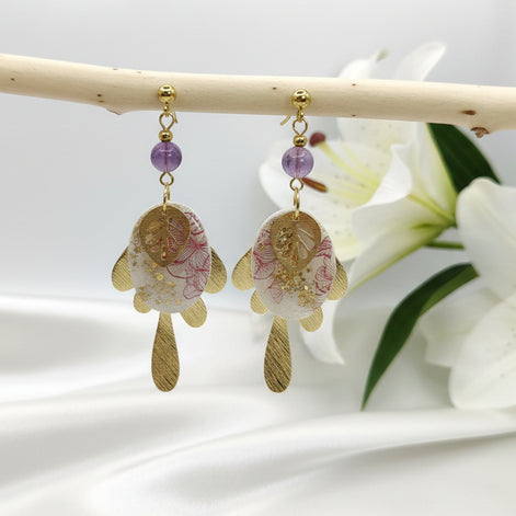 Collier, Boucles d'oreilles dorées, améthyste, polymère, acier inoxydable