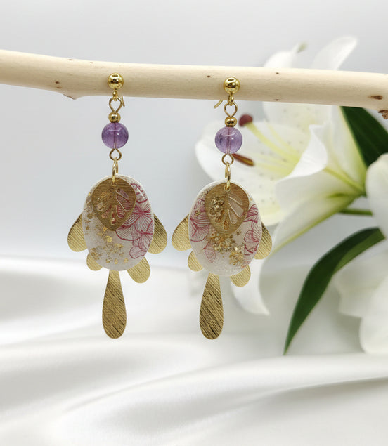 Collier, Boucles d'oreilles dorées, améthyste, polymère, acier inoxydable