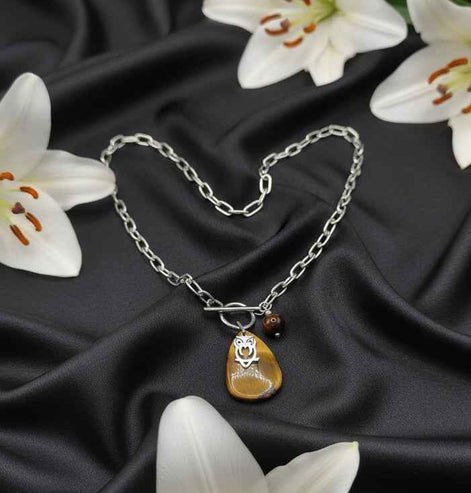 Collier argenté en Œil de Tigre et Hibou