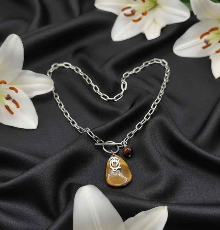 Collier argenté en Œil de Tigre et Hibou