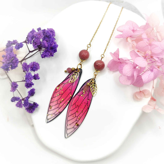 Boucles d'oreilles Ailes de fée en Rhodonite, dorée